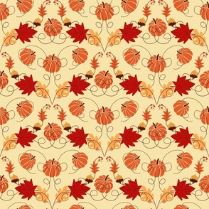 Pumpkins,acorns, vines and leaves on yellow background. 