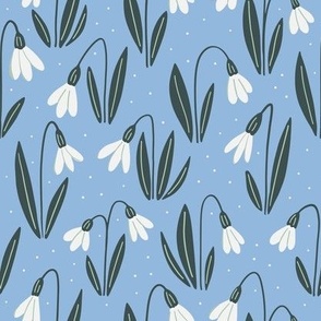 White snowdrop flowers on blue, 3 inch tall flowers, scandinavian minimalism, MEDIUM