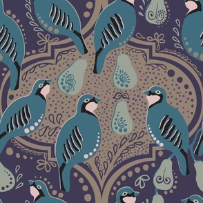 Partridge and Pear in Teal and Purple Jewel Tones with Antique Gold - Jumbo