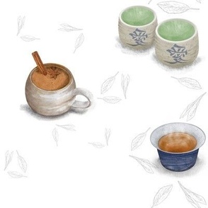 Tea Time - Matcha, Oolong, and Chai with Tea Leaves on White