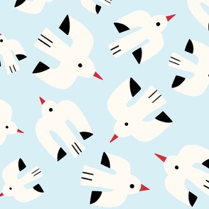 Flock of white birds flying through the summer sky on a light blue background - large scale