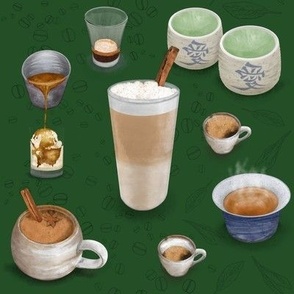 Barista Bounty - Hot Coffee, Beans, Tea & Tea Leaves on Dark Green