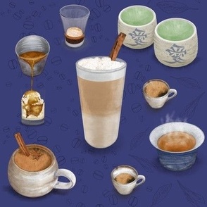 Barista Bounty - Hot Coffee, Beans, Tea & Tea Leaves on Dark Blue