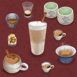 Barista Bounty - Hot Coffee, Beans, Tea & Tea Leaves on Deep Red