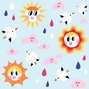 Happy Summer Bird, Sun and Rain Drops on a light blue background