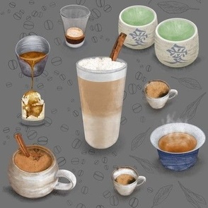 Barista Bounty - Hot Coffee, Beans, Tea & Tea Leaves on Grey