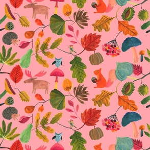 Autumn Woodland animals pink - large