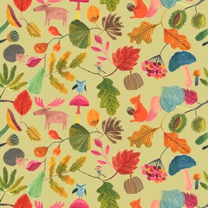 Autumn Woodland animals light green - large