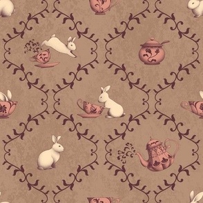 Bunnies at Tea - Beige, Brown, Dark Red-brown, Salmon Pink