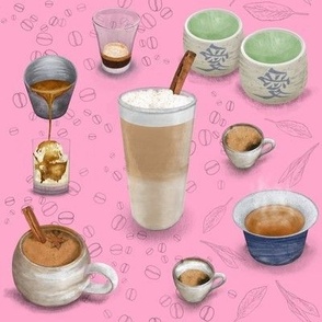 Barista Bounty - Hot Coffee, Beans, Tea & Tea Leaves on Pink