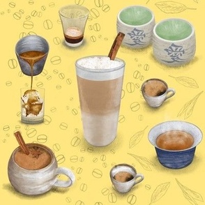 Barista Bounty - Hot Coffee, Beans, Tea & Leaves on Yellow