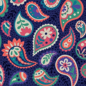 Colourful paisley design on a deep purple background with decorative flowers in bright and vibrant colours