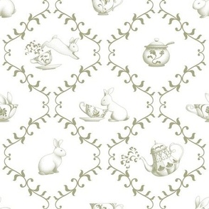 Bunnies at Tea - Artichoke Green and White