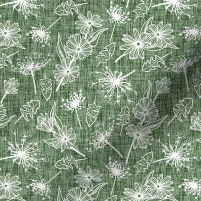White Summer Weeds on Sage Green Woven Texture