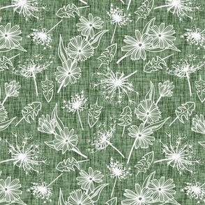 White Summer Weeds on Sage Green Woven Texture