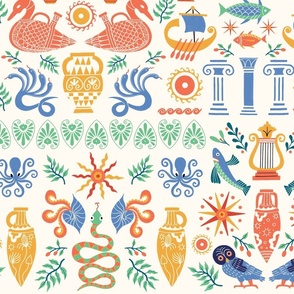 Ancient Greece design on a cream background with mythical creatures like snakes, sun, fish, harp and Greek decoration