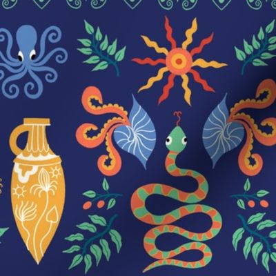 Ancient Greece design on a navi background with mythical creatures like snakes, sun, fish, harp and Greek decoration