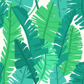 Graphical style palm leaves in green and blue on a cream background - large scale