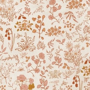 A sweet and nostalgic pattern of small wildflowers in warm neutral earth tones