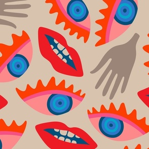 DISEMBODIED Surrealism Eyes Mouth Lips Hands  in Retro Red Blush Blue Gray - LARGE Scale - UnBlink Studio by Jackie Tahara