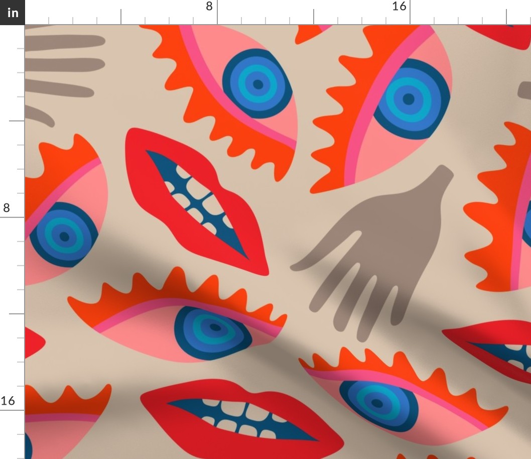DISEMBODIED Surrealism Eyes Mouth Lips Hands  in Retro Red Blush Blue Gray - LARGE Scale - UnBlink Studio by Jackie Tahara