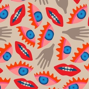 DISEMBODIED Surrealism Eyes Mouth Lips Hands in Retro Red Blush Blue Gray - SMALL Scale - UnBlink Studio by Jackie Tahara