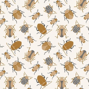 Tan, gray and copper color beetle bugs on a cream background. (Medium)