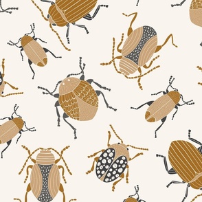 Tan, gray and copper color beetle bugs on a cream background (large)