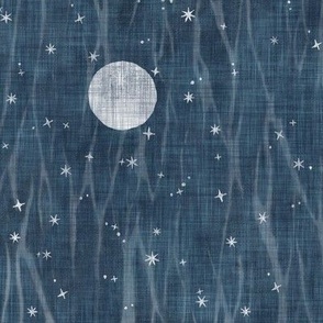 Misty Night Sky - Railroad (large scale, rotated 90 degrees) | Full moons on dark indigo, night sky fabric, block printed moons and stars on linen pattern and arashi shibori, pole wrapping tie-dye, constellations, dark blue, navy, blue and white.