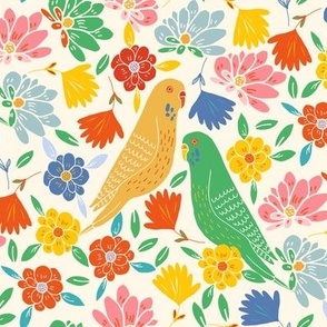 Love birds Parakeets Yellow and Green in Garden on Cream White Background