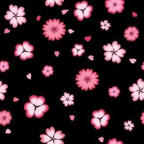 Ditsy Pink Flowers Made of Heart Petals Scattered on Black