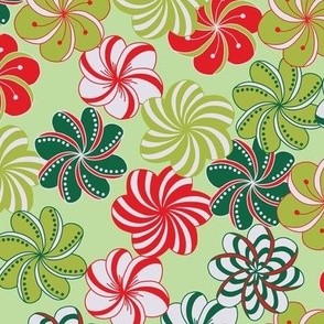 Bright Christmas Greens and Reds in Flower Tangles on Green