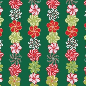 Stripes of Christmas Flowers in Tangle-style Art on Green