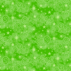 M - Green Stars & Clouds - Bright Grass Green Twinkle Sky