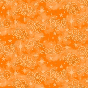 M - Orange Stars & Clouds - Bright Amber Tangerine Twinkle Sky