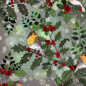 Wee Robins in a Holly Tree (Light Green large scale)  