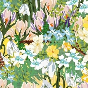 Painterly Floral Illustration, Hand Drawn Snowdrops Pattern, Spring Crocus Floral, Winter Jasmine Flowers, White Flowers Winter Sun Snowdrops and Green Leaves