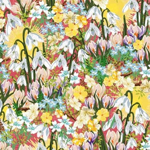 Hand Drawn Snowdrops Pattern, Spring Crocus Flower Illustration, Winter Jasmine Flowers, Cornflower Blue Yellow Sunshine Forest Green