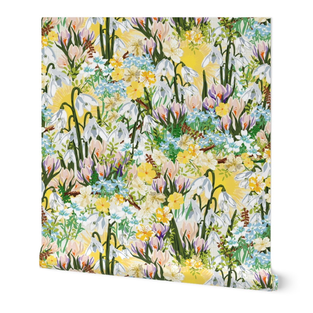 Spring Floral Forget Me Nots, Scattered Wildflower Meadow, Happy Sunny Sunshine Pattern, Beautiful Cottage Garden Floral Parade of White Yellow Pink Purple Flowers