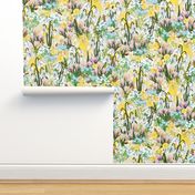 Spring Floral Forget Me Nots, Scattered Wildflower Meadow, Happy Sunny Sunshine Pattern, Beautiful Cottage Garden Floral Parade of White Yellow Pink Purple Flowers