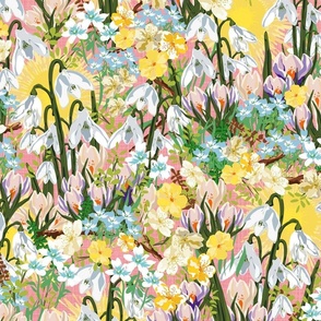 Small Winter Sun Wildflowers Flower Pattern, White Snowdrops, Blue Forget Me Nots, Purple Crocus, Yellow Jasmine, Beautiful Garden Flowers for Home Décor on Pink