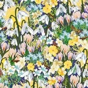 English Cottage Garden Flowers, Sunshine Yellow Green and White Botanical Garden Pattern, Tiny Bedding Floral Design on Blue Background