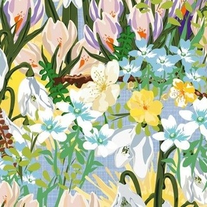 Sunny Sunshine Yellow Botanical Garden Pattern, Bright Colorful Yellow Spring Flowers, White Flowers, Pink Flowers and Green Leaves on Blue