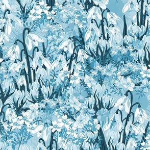 Cornflower Blue White Wildflower Snowdrops Pattern, Cozy Cottagecore Winter Jasmine Spring Flowers, Sweet Crocus Meadow in Monochromatic Blues