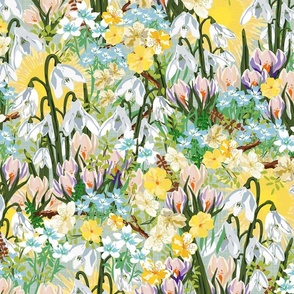 Sunshine Yellow White Wildflower Garden, Small Floral Pattern, White Winter Snowdrops, Pink Purple Crocus Flowers, Yellow Jasmine on Green