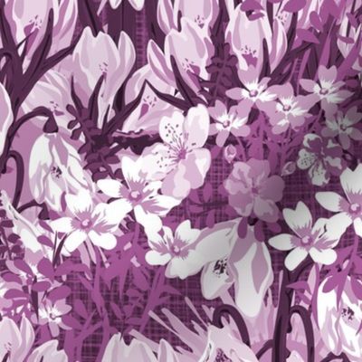 Modern Cottagecore Moody Floral, Small Cottage Garden Flowers, Winter Sun Snowdrops Crocus Jasmine in Fandango Purple Pinky Aubergine 