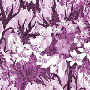 Modern Cottagecore Moody Floral, Small Cottage Garden Flowers, Winter Sun Snowdrops Crocus Jasmine in Fandango Purple Pinky Aubergine 
