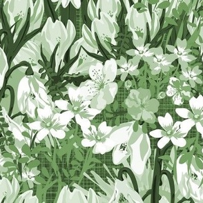Celadon Green and White Wildflower Meadow, Beautiful Spring Snowdrops, Winter Jasmine Wild Flowers, English Cottage Summer Garden, Emerald Forest Green 