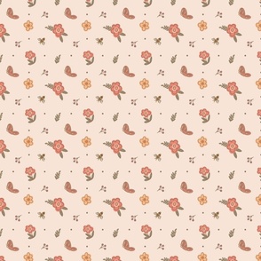 Mini 4” rpt-  Vesper's Flowers- Sweet Flowers, Butterflies & Bees Scattered on a Blush Pink background.  Additional sizes available & coordinates available. 