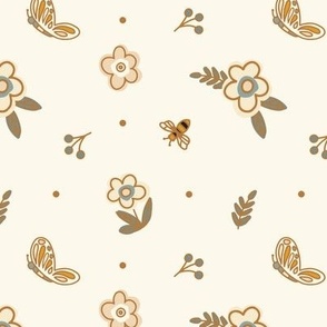 6” rpt-Vesper's Flowers- Sweet Flowers, Butterflies & Bees Scattered in blue, tan, white & rust  on a Cream  background. Additional sizes available & coordinates available. 